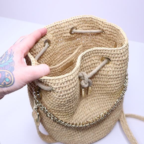 PACO RABANNE Natural Raffia Bucket Bag Gold Chain Link Top Handle Crossbody Bag - Picture 5 of 11